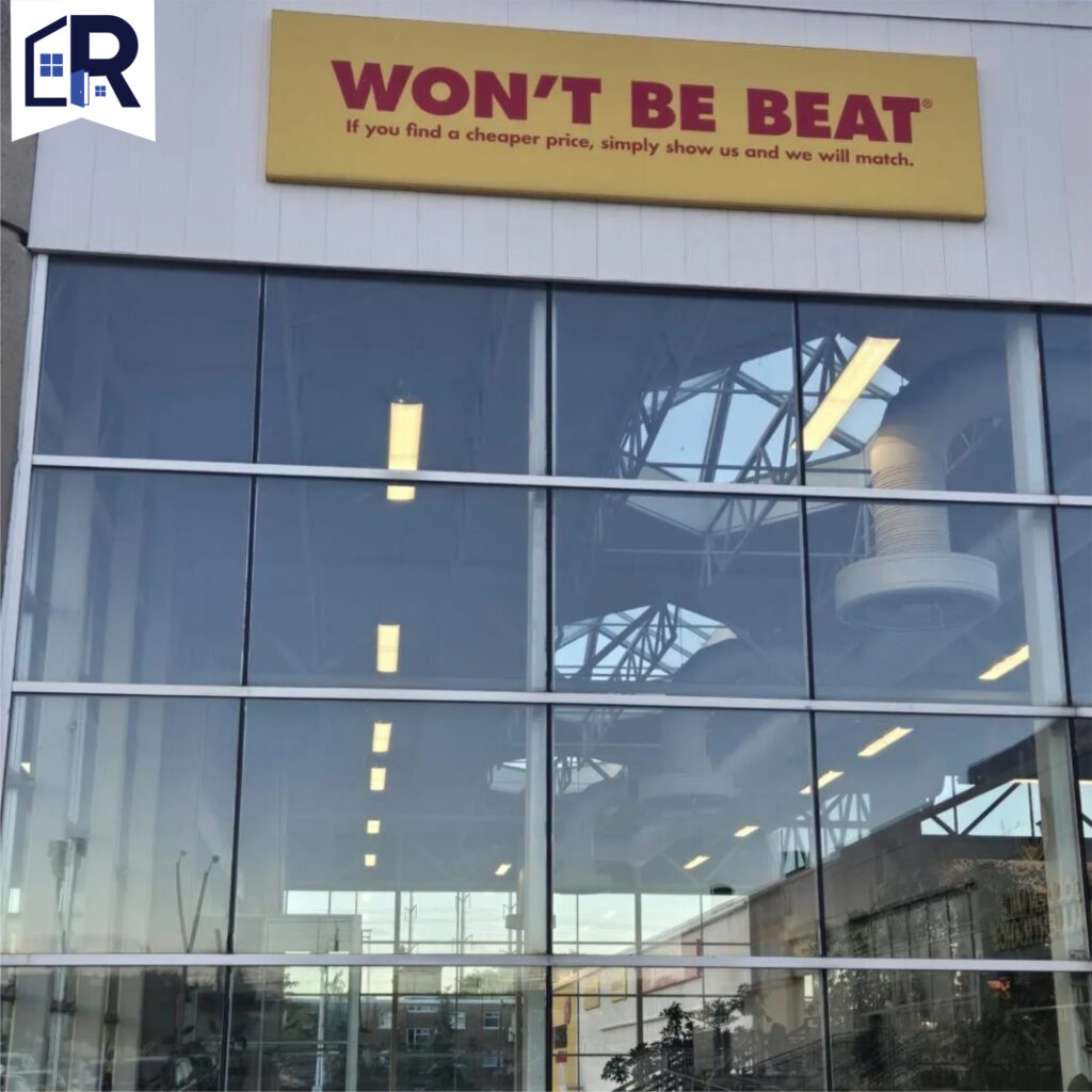 Commercial glass curtain wall façade on retail building exterior