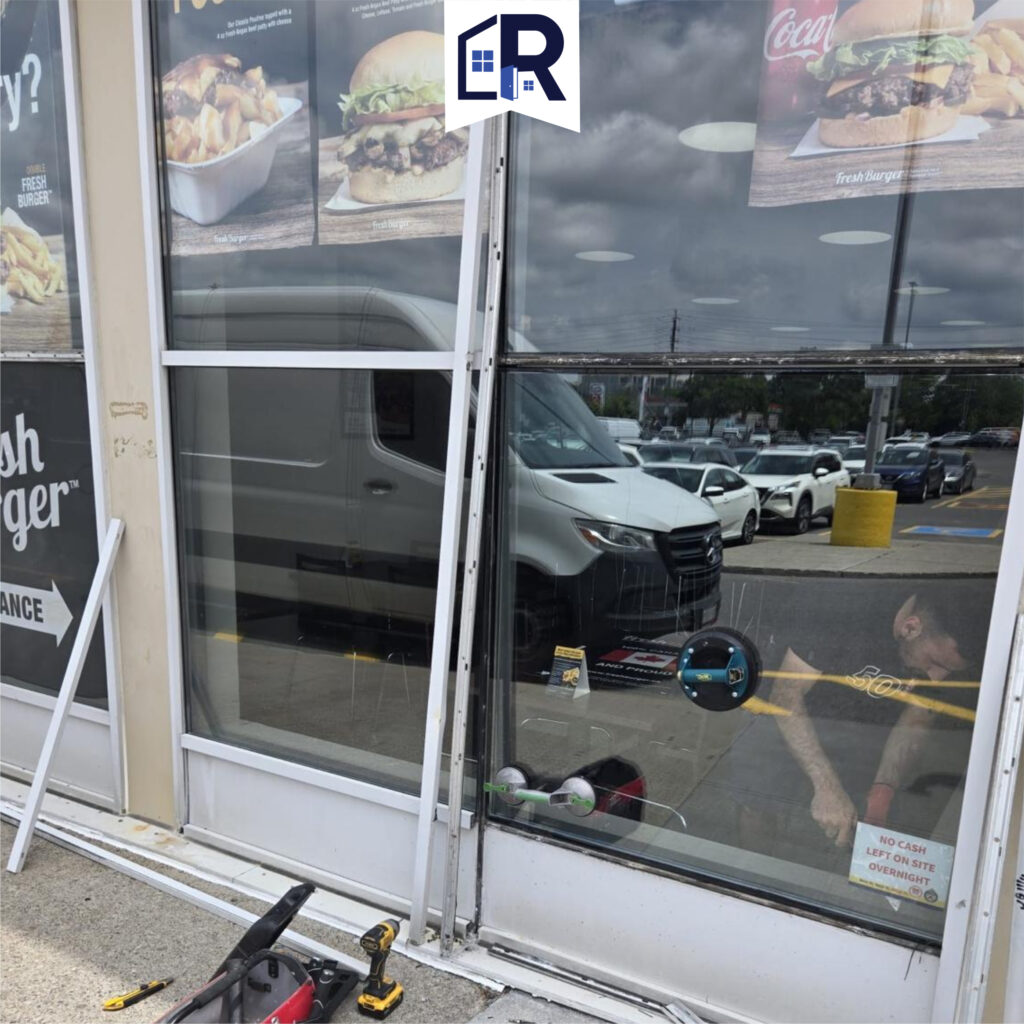 Commercial glass door repair in progress at a storefront, fixing a damaged aluminum frame and glass panel.